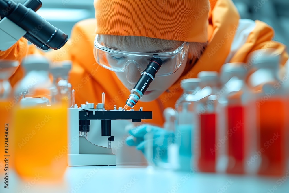 Poster portrait of a diligent researcher intently analyzing data through a microscope while precisely pipet