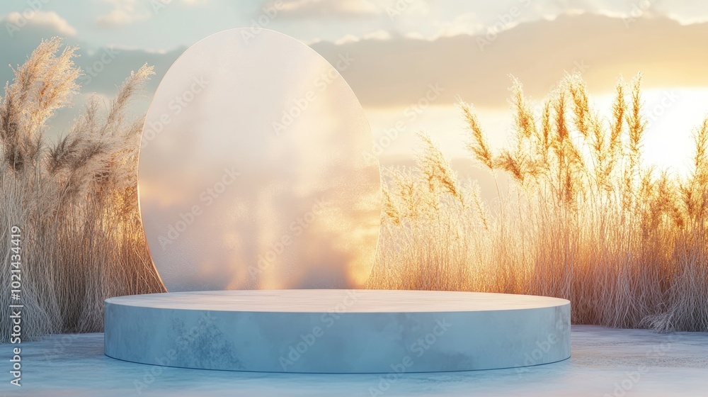 Aufkleber Abstract natural field scene featuring a podium for product display set against a frosted glass backdrop 3D rendering