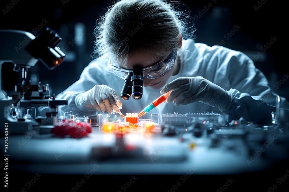 Aufkleber focused researcher precisely pipetting colorful reagent while analyzing scientific data through micr