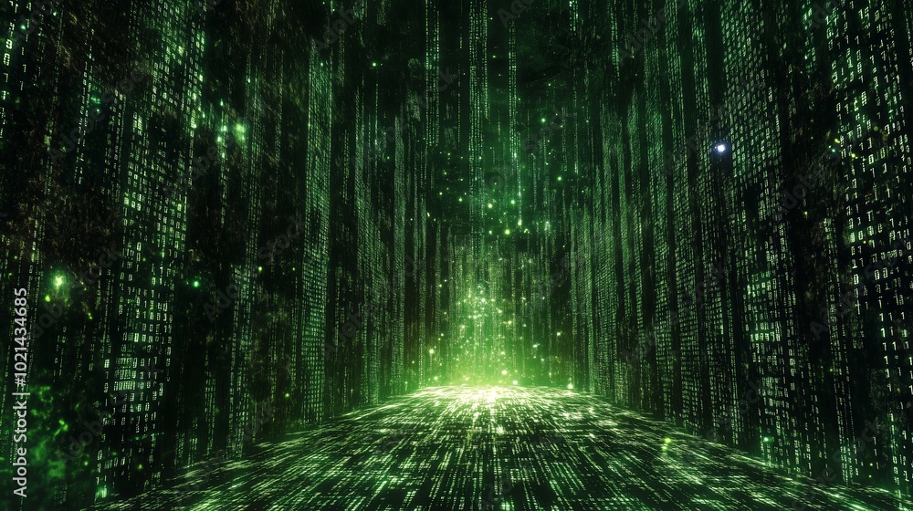 Poster a futuristic digital landscape illuminated by streams of green binary code in a vast, immersive envi