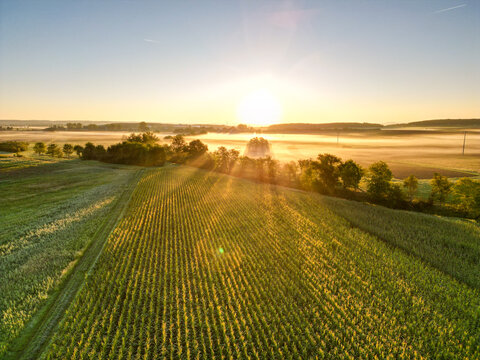 Sonnenaufgang &uuml;ber Schweinfurt mit Nebelschleiern, Nebel &uuml;ber den Feldern, mit einem Bach und B&auml;umen und die aufgehende Sonne am Horizont, Drohnenfoto, Luftaufnahme, Schweinfurt, Bayern, Deutschland	
