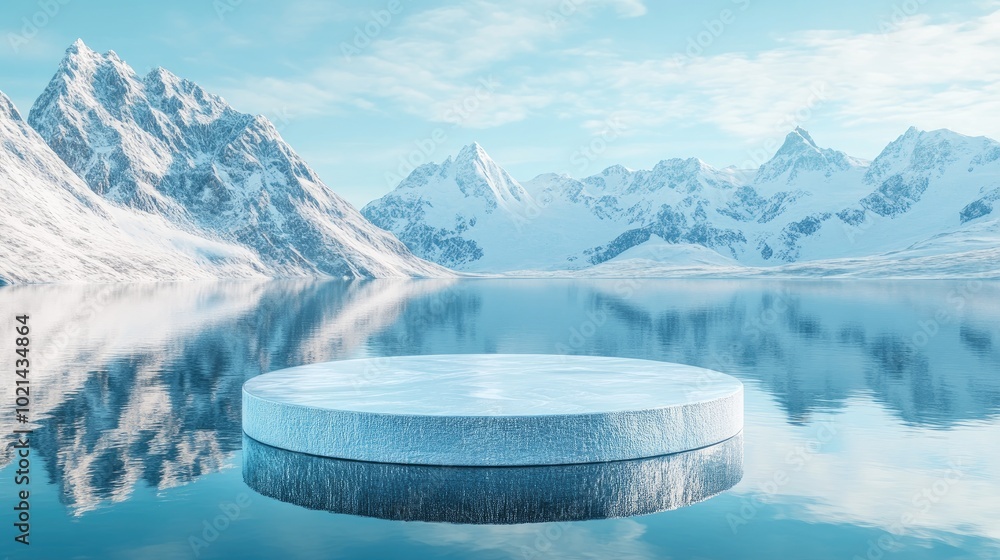 Aufkleber Abstract 3D rendering of a winter landscape featuring an ice podium on a snowy ground with a backdrop of snow capped mountains reflecting on the water surface suitable for product display advertis