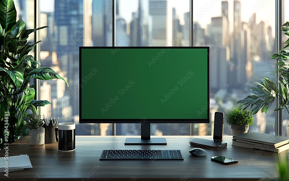 Poster a modern office workspace featuring a large monitor with a green screen, surrounded by plants and sh