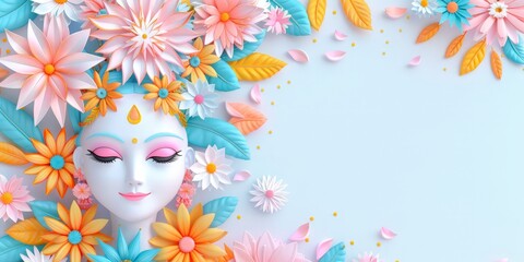 A colorful illustration of a serene face surrounded by flowers, evoking themes of peace and nature's beauty.