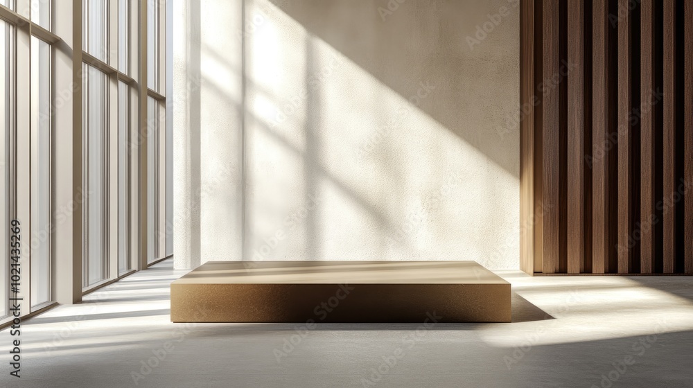 Poster Brown display podium in a well lit room with a window backdrop 3D rendering