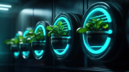 Futuristic hydroponic garden with neon lights and green plants in circular containers, showcasing modern sustainable farming technology.