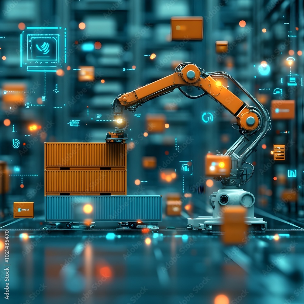Poster robotic arm efficiently organizing and transporting shipping containers in futuristic logistics ware