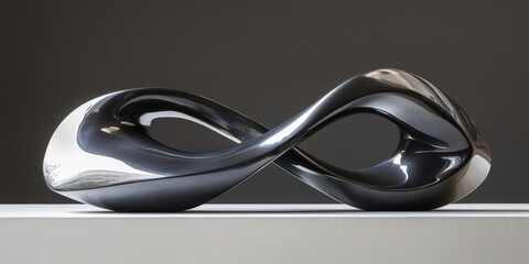 Glossy black abstract sculpture on white platform.