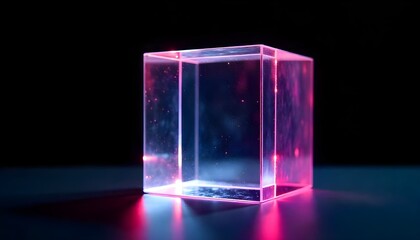 Transparent acrylic cube illuminated with pink and blue lights against a dark background for artistic concepts