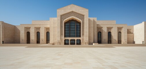 Fototapeta premium Symmetrical Elegance Majestic Archway in Sunlit Plaza with Intricate Carvings and Clear Blue Sky - Grand Architectural Beauty Ideal for Travel Brochures and Art Prints