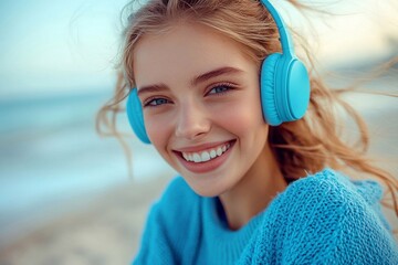 Naklejka premium Attractive happy smiling woman listening to music in colorful blue headphones on the beach in summer style, fashion trend, happy, wearing blue sweater, dancing and singing cheerfully