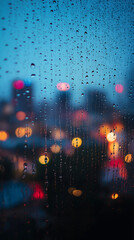 Fototapeta premium 雨覆盖窗户的特写镜头，背景是路灯的模糊图像