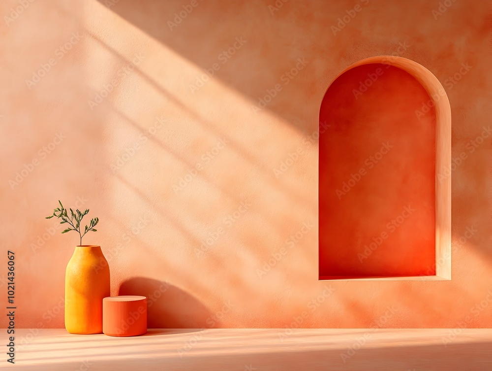 Poster warm terracotta tiled display room featuring minimalist furnishings and plinth with intricate shadow