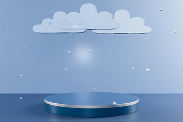 A serene scene featuring clouds and falling raindrops on a blue background. 3d rendering