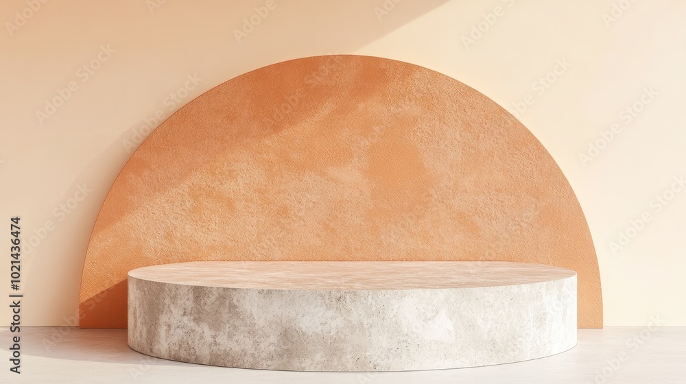 Aufkleber 3D rendering of geometric stone podium Abstract pastel shapes create a blank platform Empty pedestal for product display ideal for showcasing cosmetics Minimalist composition featuring a rounded s