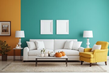 Symmetrical Living Room Interior with White Sofa, Orange and Teal Walls, Tranquil Ambiance for Home Furnishing Ads