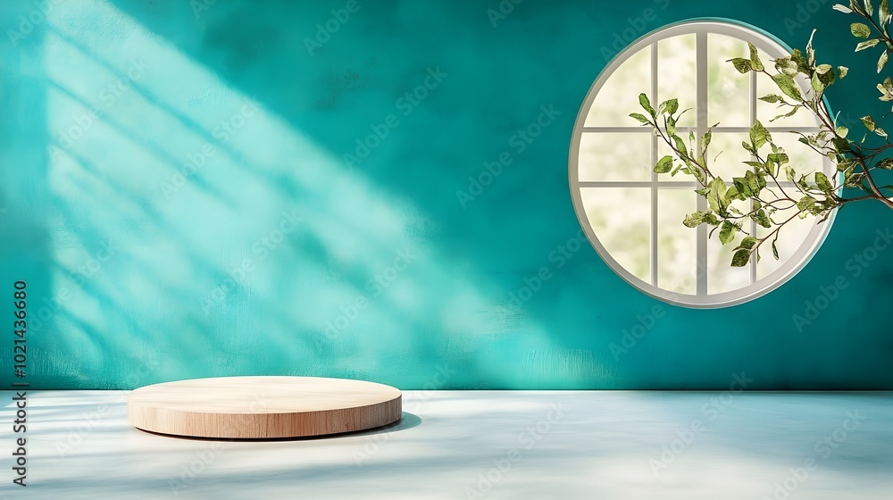 Poster minimalist 3d studio room with a dusty blue background empty floor and wall a product podium and a s