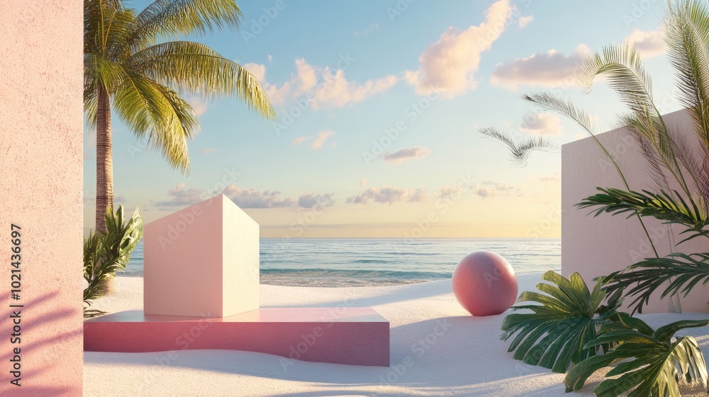 Aufkleber Abstract summer landscape featuring geometric shapes with a beach view 3D rendering