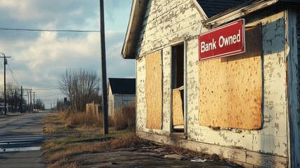 Fototapeta premium Abandoned Building with Bank Owned Sign and Boarded-Up Windows