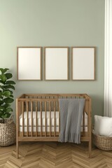 Cozy Minimalist Nursery Room with Wooden Crib, Serene Green Wall, and Natural Textures - Modern Neutral Baby Room Interior for Design Inspiration