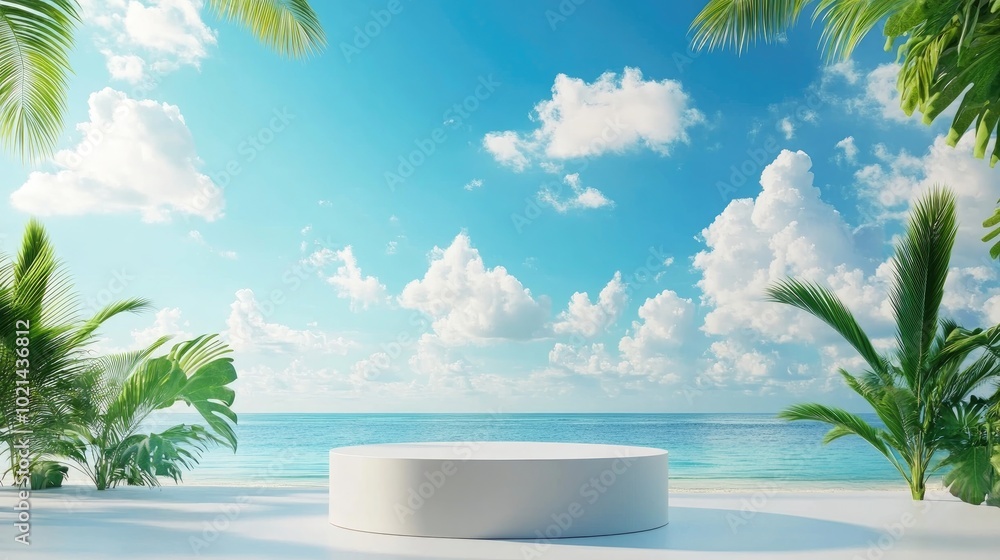 Poster 3d podium offering space for product display against an abstract background of a beach featuring a b