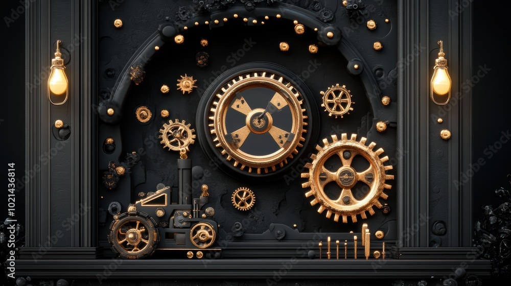 Poster a digital interface with steam punk inspired visuals displaying a game menu, featuring iconic steam 
