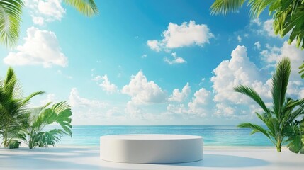 3D podium offering space for product display against an abstract background of a beach featuring a blue sky and white clouds The design evokes a tropical summer and vacation theme