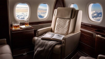 Fototapeta premium Luxurious Leather Seat in Private Jet Interior with Sunset View, Elegant Wood Paneling, and Tranquil Atmosphere
