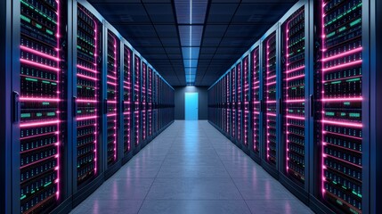 Fototapeta premium Futuristic Server Room Symmetry with Pink Neon Lights and Techno Glow, High-Tech Data Center Perspective for Technology Marketing