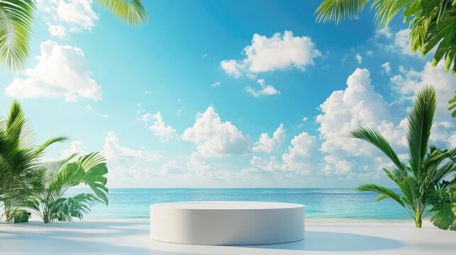 3D podium offering space for product display against an abstract background of a beach featuring a blue sky and white clouds The design evokes a tropical summer and vacation theme