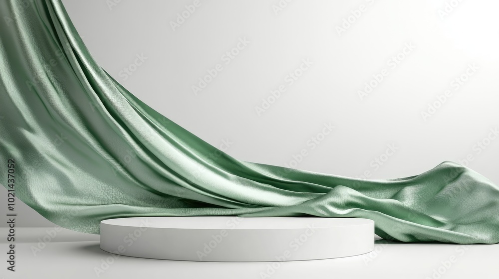 Aufkleber 3d podium display with a white background featuring a pedestal and flowing green silk curtain natura