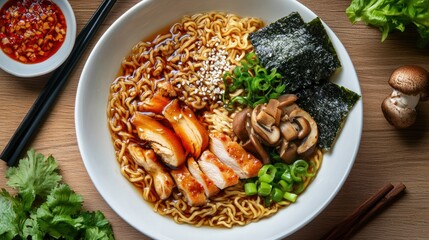 A bowl of ramen with chicken, mushrooms, seaweed, and green onions, garnished with sesame seeds.