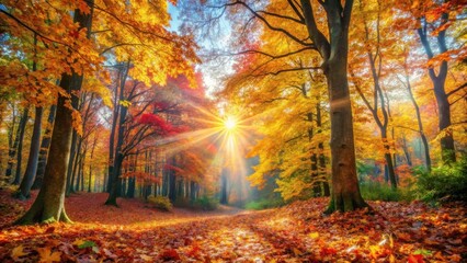 Golden Sunlight Illuminates a Path Through an Autumnal Forest, Where Vibrant Colors Dance Among Tall Trees and Fallen Leaves