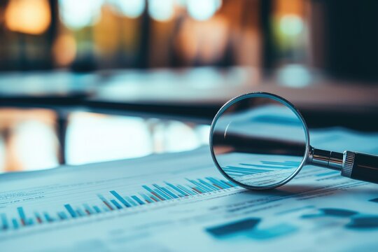 A close-up of an accounting report with a magnifying glass highlighting data charts.