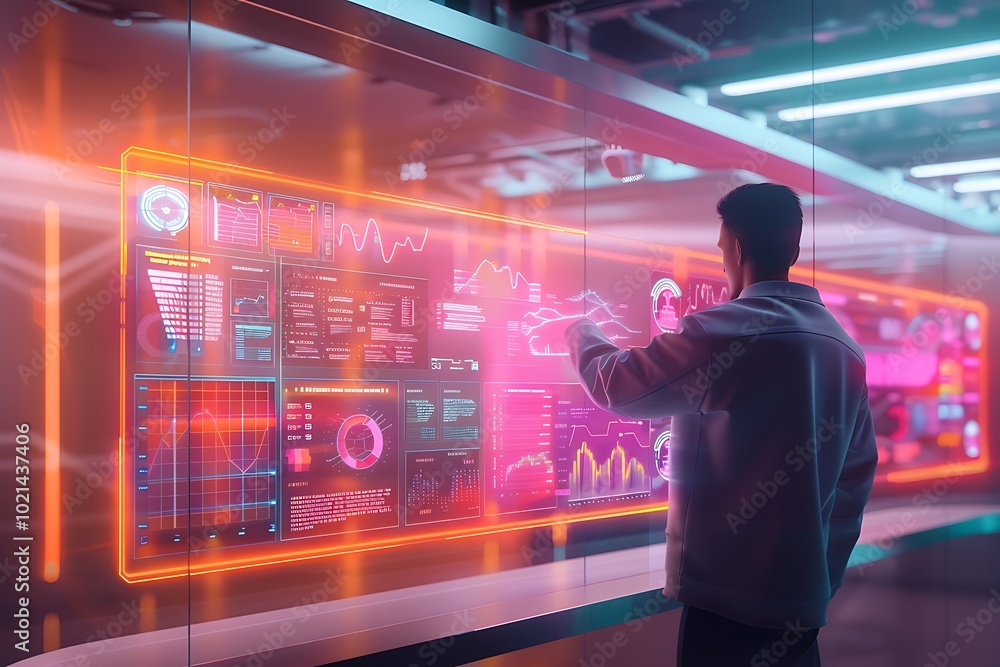 Poster a business professional analyzing floating holographic charts and financial reports in a minimalist 
