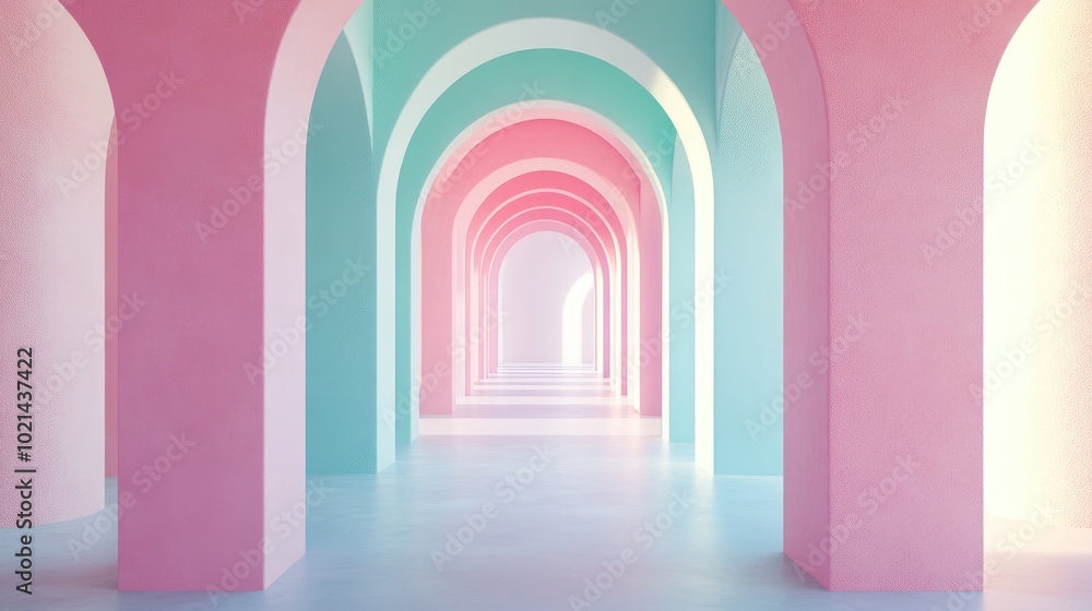Poster 3d rendering featuring a minimal fashion backdrop with an archway tunnel or corridor perspective in 