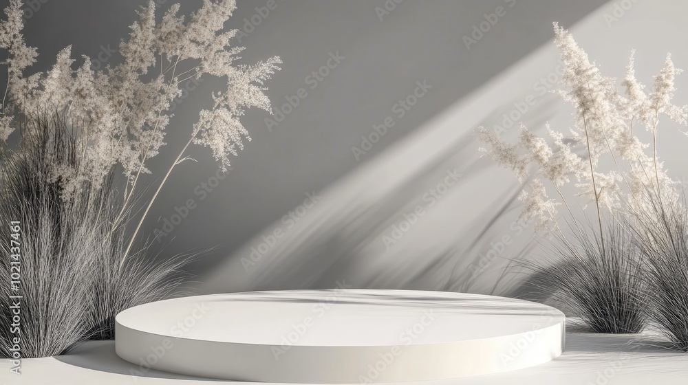 Poster abstract minimalist nature composition featuring an empty stage and a white podium against a gray ba