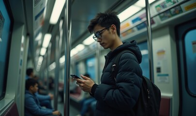 A young person using a smartphone while riding the subway, embodying modern urban life and technology use in transit.