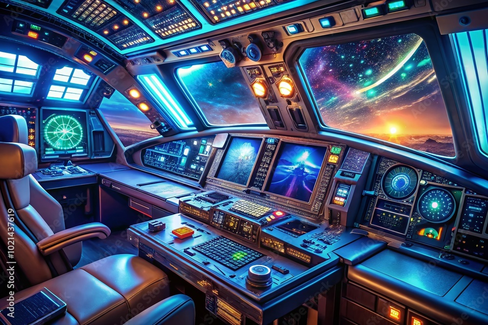 Poster high-tech spaceship dashboard with futuristic controls and displays in a sleek sci-fi environment