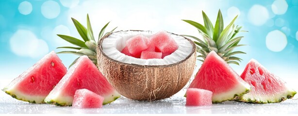 Delicious watermelon and coconut slices on vibrant background, perfect for summer.