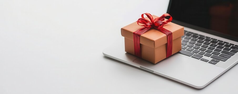 A gift box with a red ribbon sits atop a laptop, symbolizing online shopping or remote gift-giving.