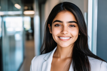 Fototapeta premium Latina businesswoman, young adult, smiling inside an office.