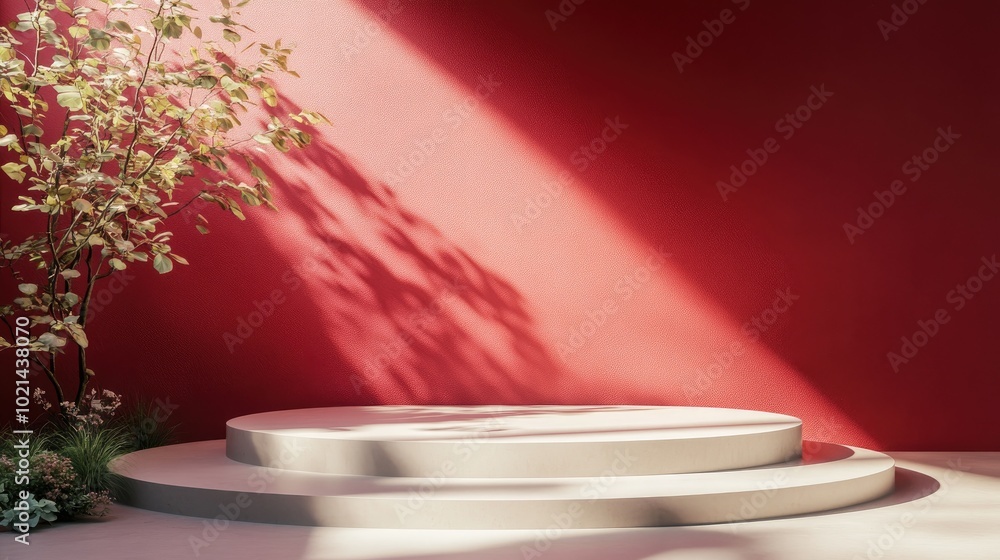 Poster Circular stand and staircase bathed in natural light on a red background mockup podium for product showcasing 3D rendering