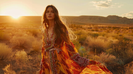 1970s maxi dress editorial, showcasing bold patterns and bright colors, with the model posing against a desert landscape during golden hour.