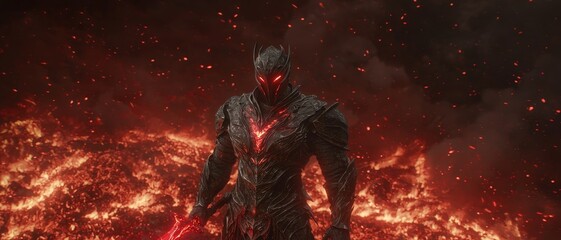 Fiery Warlord in Black Armor with Glowing Sword in Abstract Flames - Dark Fantasy Concept Art