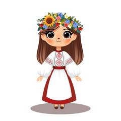 Cute Ukrainian Girl in Traditional Costume with Floral Wreath and Embroidered Shirt