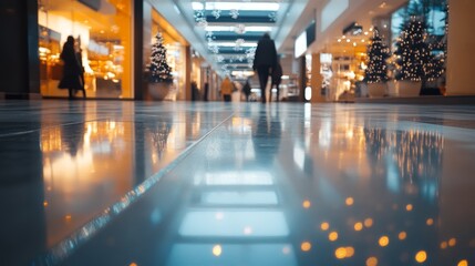 Shimmering Reflections on Polished Floors in a Bustling Shopping Center Adorned for the Holiday Season