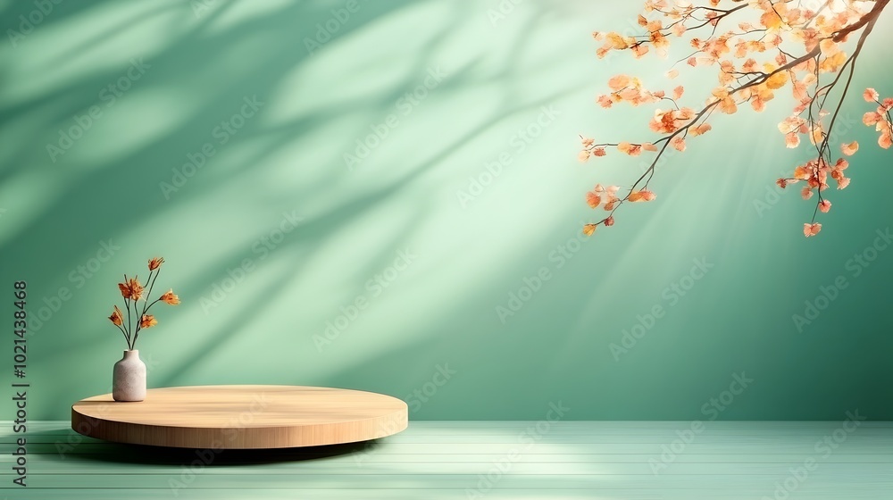 Poster tranquil 3d studio scene with a calming sage green background empty wooden floor and a sleek white p