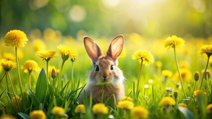 A Cute Bunny Rabbit Peeking Through a Field of Yellow Dandelions on a Sunny Spring Day