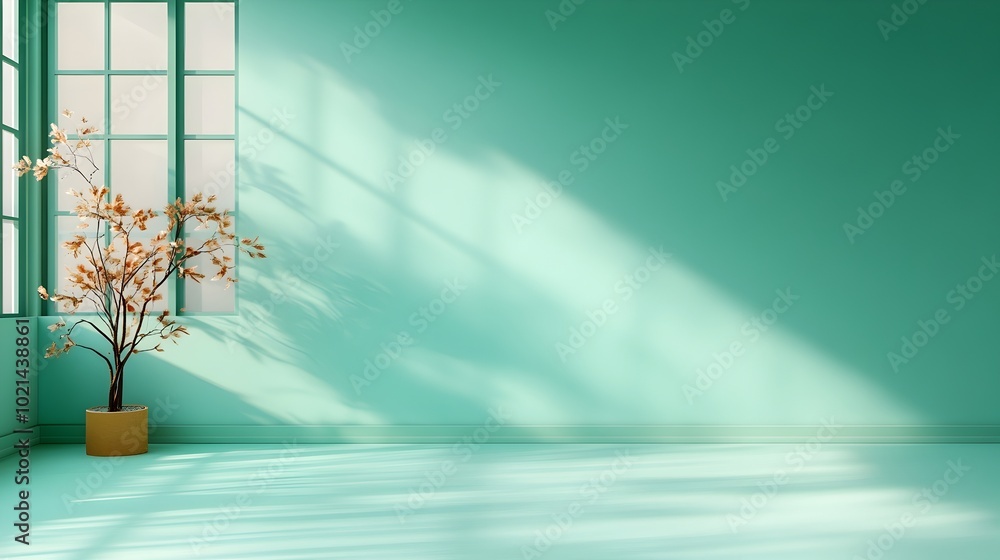 Aufkleber minimalist 3d rendering of a studio room with a clean green backdrop and a sunlit product podium dis